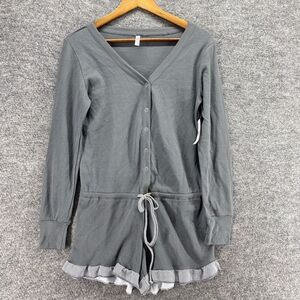 New London Jumpsuit Women M Medium Gray V-Neck Long Sleeve Drawstring Button